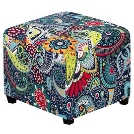 Lussenwert Ottoman Cover Square Stretch Printed Square Ottoman Cover Thick Ottoman Slipcover Square Washable Storage Ottoman Cover Foot Stool Cover with Elastic Bottom(Blue, Medium)