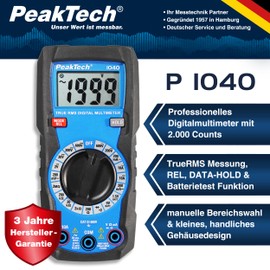 PeakTech 1040 - True RMS Digital Multimeter, Manual Range, 2000 Counts, Continuity Tester, Multi-Meter, Voltmeter; 10A AC/DC - CAT III 600V, P 1040, Blue