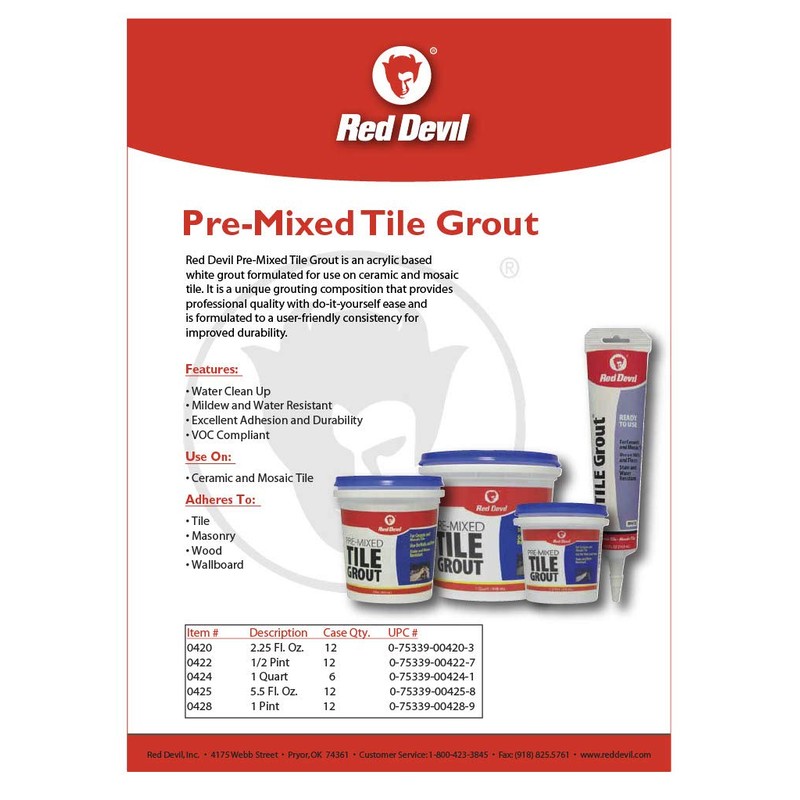 Red Devil 0424 Tile Grout, Pre-Mixed, 1 Quart,White, (Pack of
