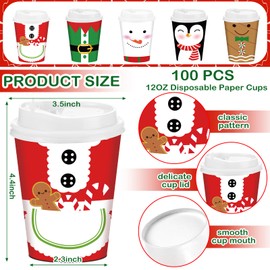 Gerrii 100 Set Christmas Paper Cups Disposable 12 oz with Lids Hot Chocolate Cups Coffee Cups Holiday Hot Cups for Hot and Cold Drinks Tea Water Bar Supplies Winter Season (Cute Style)