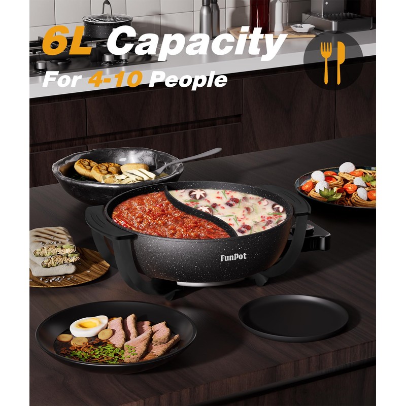 6L Dual-Sided Electric Hot Pot with Cool-Touch Handles, 1100W Adjustable