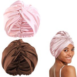 VireEyU 2 Pieces Silk Bonnet Satin Sleep Cap - with Elastic Band, Non-Slip and Breathable Mulberry Silk Night Cap for All Hair Types, Ideal for Women and Girls (Pink, Brown)