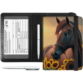 Passport and Vaccine Card Holder Combo, PU Leather RFID Blocking Passport Holder Cover Case for Women, Travel Passport Wallet Leather Case with Elastic Band, with Pen, Brown Horse
