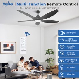 Newday 60 inch Black Ceiling Fan with Light Remote Control, Dimmable 3 CCT LED Ceiling Fans with Lights, 6 Speeds Reversible DC Motor Modern Ceiling Fan for Living Room Bedroom Indoor Outdoor