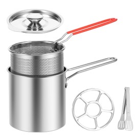 Deep Fat Fryer Set with Strainer Basket and Extended Handle, Stainless Steel Mini Deep Fryer Pot with Lid, Oil Saving Small Fryer for Frying Fish Shrimp Chicken and Fries