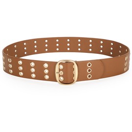 JASGOOD Three Grommet Belt for Women Wide Waist Belt PU Leather Punk Studded Belt for Jeans Pants