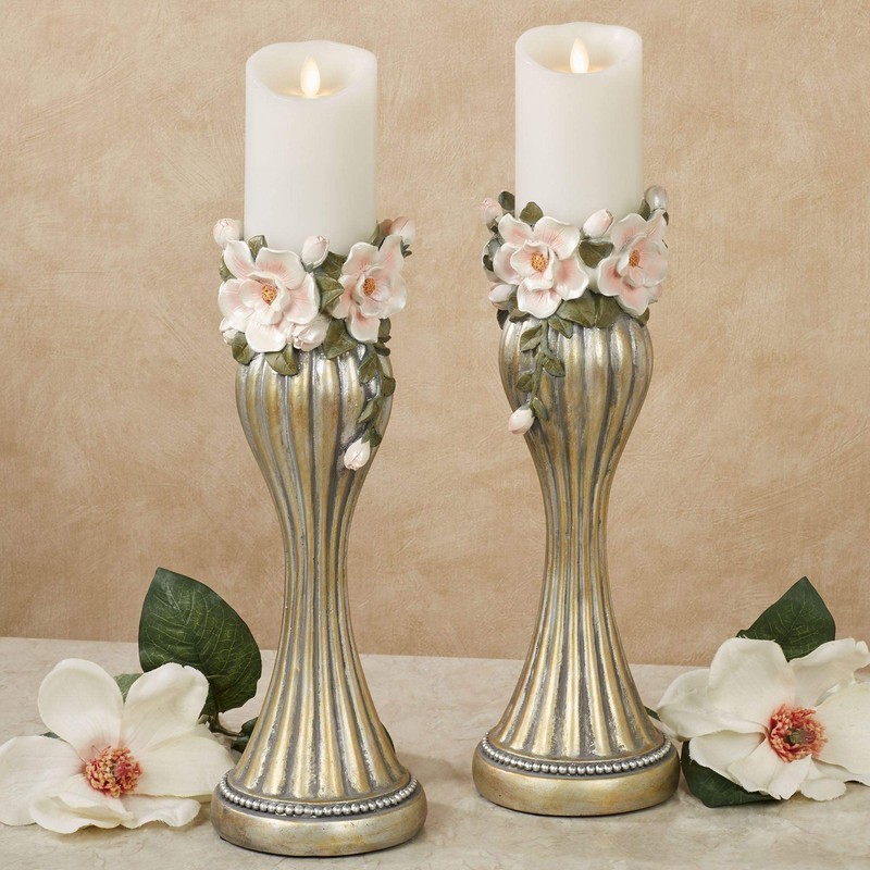 Magnolia Elegance Candleholders Champagne Gold Pair