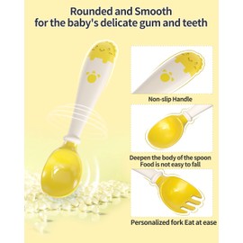 Deejoy Toddler Utensils, Self-feeding Flatware Set withTravel Case, Baby Spoons and Forks with Silicone Bendable Handle, Easy Grip Heat-Resistant, Ideal for Kids, Stage 2 (Yellow)