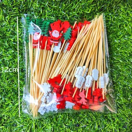 100PCS Christmas Cocktail Sticks, 4.7IN Fruit Picks, Bamboo Cocktail Picks, Toothpicick for Sandwich, Cocktail, Appetizer, Fruits (Deer, Snowflakes, Snowmen, Green Trees, Santa Claus)