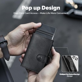 YESIIW Wallets for Men UK RFID Blocking Leather Minimalist Smart Pop Up Trifold Card Holder Wallet with 9 Cards, 2 ID Window, Credit Card Holder with Zipper Coin Pocket,(Bright Black)