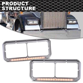 CROSSDESIGN Headlight Headlamp Visor Bezels w/Amber LED Bar Clear Lens Rectangle 4x6 Compatible with 1981-2019 Kenworth W900 T800 /01-11 Freightliner Classic XL /1981-2000 Western Star 4800 4900 6900