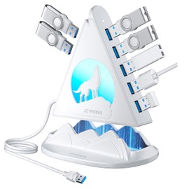 USB Hub 3.0, 7-Port USB Hub with RGB Night Light and Base, Vertical USB a Splitter for Desktop,Laptop, MacBook, Game Console, Flash Drive, XPS, PC, Printer, Camera, Keyboard（White+Base）