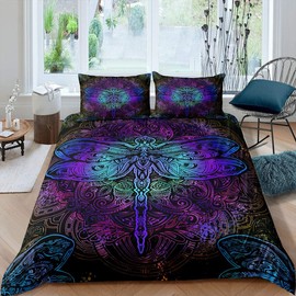 Bohemian Dragonfly Comforter Cover Single Size Mandala Paisley Bedding Set Purple Dragonfly Duvet Cover Tie Dye Trippy Gypsy Iridescent Chic Hippie Quilt Cover Decor 2 Pcs