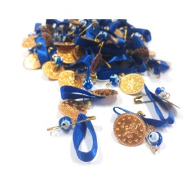 Pack of 100, Nazar Boncuk, Blue Eye, Evil Eye with Enamelled Metal Coin Beads, Tugra, Safety Pin and Cord, Evil Eye Lucky Charm for Gift Wedding (Blue)