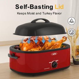 Royalcraft Roaster Oven with Self-Basting Lid, 18qt Electric Roaster with Removable Pan & Rack, Turkey Roaster Oven with Defrost & Warm Function, Stainless Steel, Red