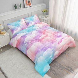 Smell Sunshine Cloud Comforter Set 3pcs (1 Comforter + 2 Pillowcases) for Boys Girls Colorful Clouds Printed Bedding Comforter Set,Duvet for All Seasons(Colorful Clouds Full)