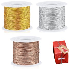 Ptenzor 3-Pack Metallic Tinsel Cords, Non-Stretch Twine Strings for Crafts, Gift Wrapping & Decorations, Includes Silver, Gold, Rose Gold – Ideal for Hanging Cards & DIY Projects.
