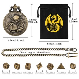 Mini DND Dice Set with Hobgoblin Holding D20 Dice Pocket Watch Shell Case, 7pcs Polyhedral Metal Dice Set, DND Starter Set, D&D Gifts with Gift Bag, Role Playing Board Game Accessories, Bronze