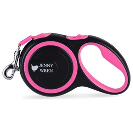Jenny Wren Tangle-Free, Retractable Dog Lead with Anti-Slip Handle; 5M / 16FT Pink Strong Nylon Tape/Ribbon; One-Handed Brake, Pause, Lock Pink