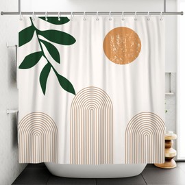 ASDCXZ Boho Shower Curtain 180 x 180 cm, Modern Abstract Art Orange Sun Green Leaves Brown Line Beige Bathroom Washable Shower Curtains Polyester Textile Waterproof Shower Curtain for Bath with 12