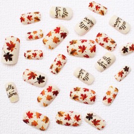 Fall Maple Leaf Short Press on Nails Square Shaped Fake Nails with Glitter Design Reusable Sparkly False Nails Full Cover Autumn Acrylic Nails Stick on Nails for Women Nails Manicure Decoration 24 Pcs