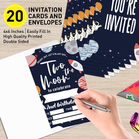 2nd Birthday Invitations for Boy Space with Envelopes, Invites for Two Years Old Birthday Party Galaxy Planets Rocket Ship, Astronaut Birthday Party Invite Cards, Two The Moon, 4"x6" Set of 20