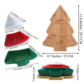 ROSE CREATE Colorful 11.6 Inches Big Colorful Snack Appetizer Trays Set, Christmas Tree Dessert Serving Dishes, Snack Platter, 3 pcs Removable Porcelain Plates with Bamboo Tree Tray