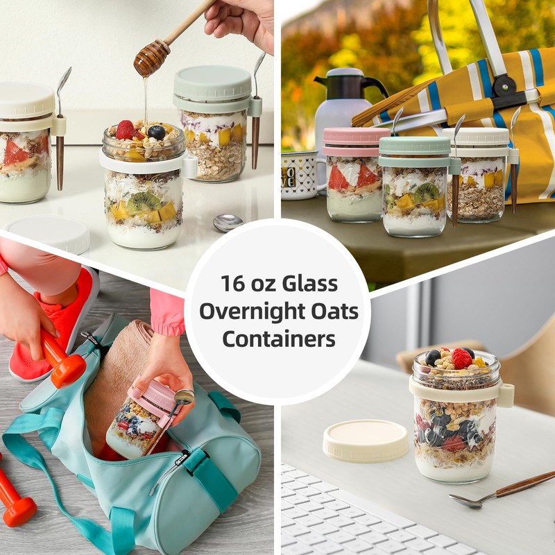 4 Pack Overnight Oats Containers with Lids and Spoons, 16