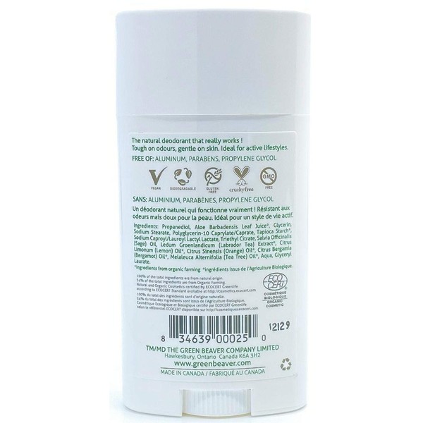 Green Beaver All Natural Body Deodorant, Paraben & Aluminum-Free, Vegan, For Normal & Sensitive Skin, Citrus, 2-pack