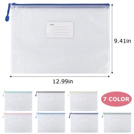 28Pcs Mesh Zipper Pouch Bags，A4 Mesh Storage Bags with Label Pocket，Waterproof Pouches for Organization School, Office & Travel，7 Colors