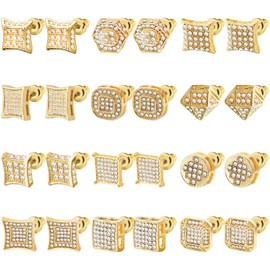 NEWITIN 12 Pairs Stainless Steel Stud Earrings for Men Hypoallergenic Earrings Inlaid Cubic Zirconia Men Earrings Gold Stud Earrings for Women Men