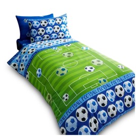 VELVETIO Easy Care Single Kids Duvet Cover Set with Pillowcase, Boys & Girls Football Bedding Bedset, Ultra Soft Reversible Soccer Sport Comforter Quilt, Blue