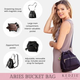 KEDZIE Aries Convertible Bucket Bag 3-Way Backpack Crossbody Strap Purse for Women - Black V2
