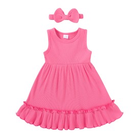 YOUNGER TREE Toddler Girl Summer Sundress Sleeveless Casual Dress Ruffle Hem Cotton Solid Outfits with Bowknot(12-18 Months, Rose Pink)