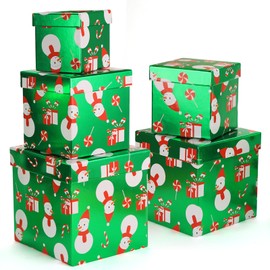 PAPER FAIR 5PCS Christmas Snowman Nesting Gift Boxes Set, Green Foil Mirror Candy Cane Lollipop Square Cardboard Nested Box w/Lid, for Gift Wrapping Holiday Present Birthday, Assorted Size