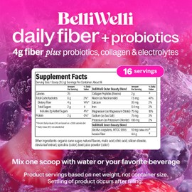 Belli Welli Suplemento diario de fibra en polvo con colágeno, probióticos y electrolitos Favorece la salud digestiva, el equilibrio intestinal y la desinflamación Frutos del bosque 16 porcione