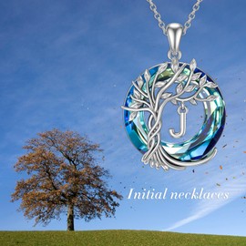 TOUPOP Tree of Life Chain Sterling Silver Tree of Life Initial Letter Pendant Necklace with Blue Crystal Jewellery Gifts for Mothers Birthday Gifts for Women Girls, Sterling Silver, Crystal