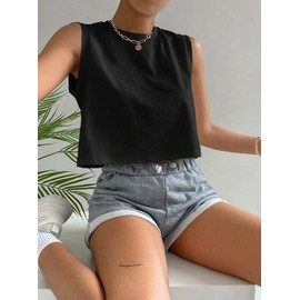 Hilinker Womens Crew Neck Loose Crop Tank Tops Workout Casual Sleeveless T Shirt Black Small