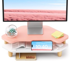 AFOOYO Monitor Stand Riser,2 Tier Corner Wood Monitor Stand Sturdy Computer Stand Multi-Purpose Desktop Storage Stand for Laptop,PC,iMac,Printer,Computer,Pink