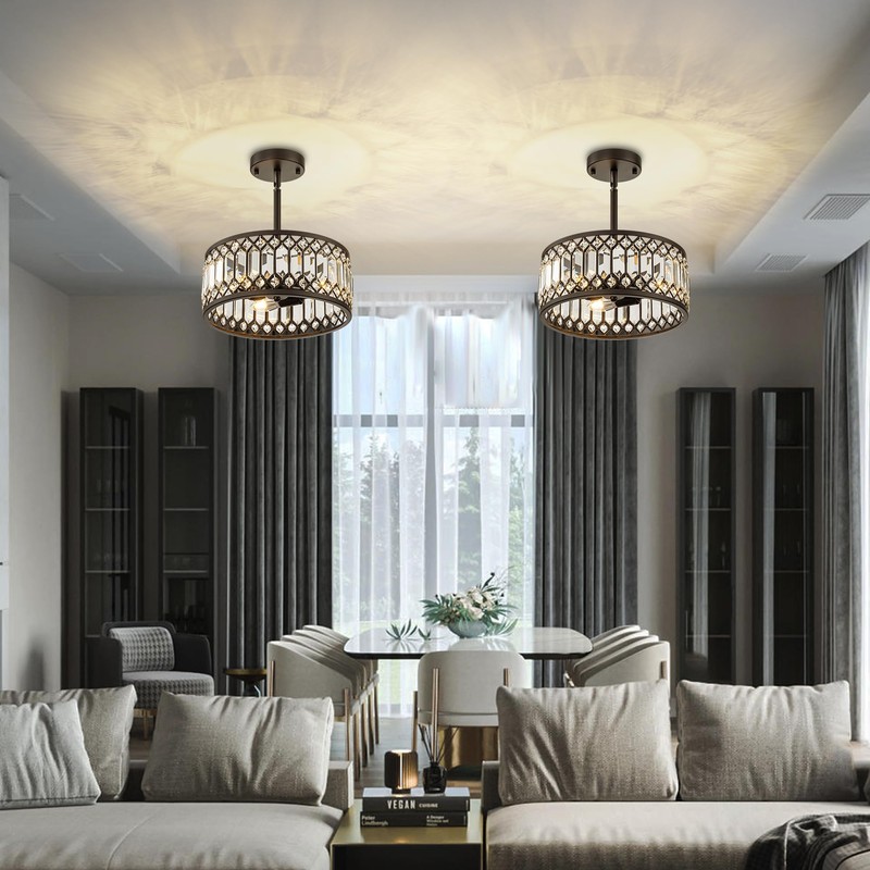 3-Light Crystal Ceiling Light, Black Semi Flush Mount Ceiling Lighting