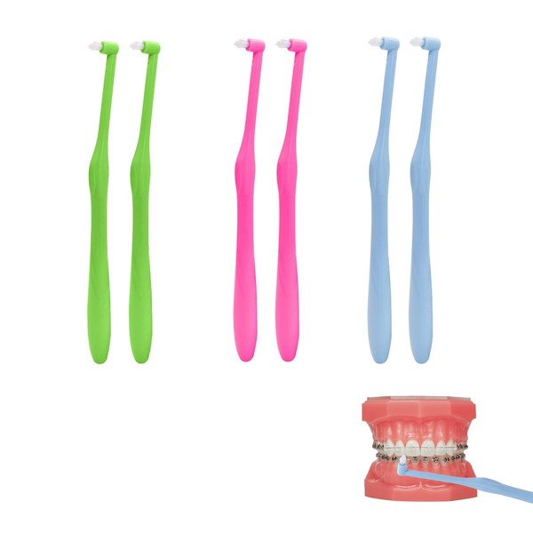 Tufted Toothbrush, Pack of 6 Tufted Brushes, Toothbrush Braces, Toothbrush, Soft Slim Tufted Toothbrush for Orthodontic Braces and Bridge Detail Cleaning, 3 Colours
