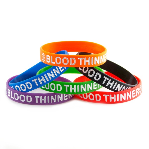 Blood Thinner ID Bracelet Wristband Combo - 6 Pack - 8 Inches - Standard - Black Blue Green Red Orange Purple