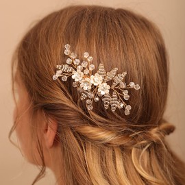 Jumwrit Rose Gold Bridal Hair Comb Wedding Rhinestone Hair Comb Handmade White Flower Hair Comb Headpiece Bride Hair Accessories for Wedding Women Bridesmaid（Rose Gold）