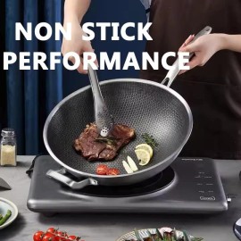 Toutrop Wok Pan Hybrid 12 inch Wok with Lid Cover Stir-fry pans Nonstick Stainless Steel