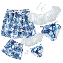 IFFEI Family Matching Swimsuits Off Shoulder Two Piece Womens Bikini Sets Mens Swim Trunks Mommy and Me Bathing Suit White-Blue Girls: 8-9 Years