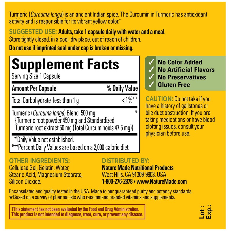 Nature Made Turmeric Curcumin 500 mg, Herbal Supplement for Antioxidant
