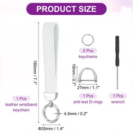 sourcing map Leather Wristlet Keychain Car Key Chain Wristlet for Women, 7 Inch Key Fob Holder with D Ring and 2 Key Ring for Keys Wallets Purse, Silver Tone/White