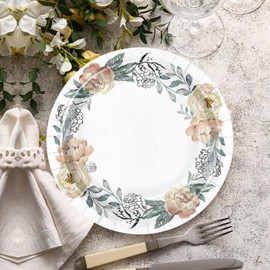 LeZakaa 25Pcs Wedding Paper Plates - Vintage Flowers Wreath Design Silver Foil Retro Disposable Party Plates Decorative Tableware Supplies for Wedding, Engagement, Bridal Shower - 9 Inch
