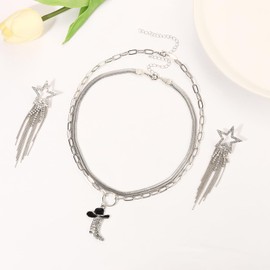 JERTOCLE Western Jewelry for Women Cowgirl Necklace Earrings Set Snake Paperclip Chain Cowgirl Boot Choker Necklace Star Earrings (Silver)
