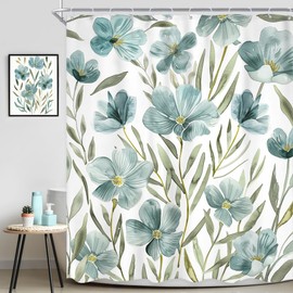 Ufeela Green Floral Shower Curtain 60Wx72L Inch Aqua Blue Flower Abstract Wildflower Plant Leaves Spring Botanical Shower Curtain Bathroom Set Woman Girl Bath Curtain Bathtub Accessories Home Decor